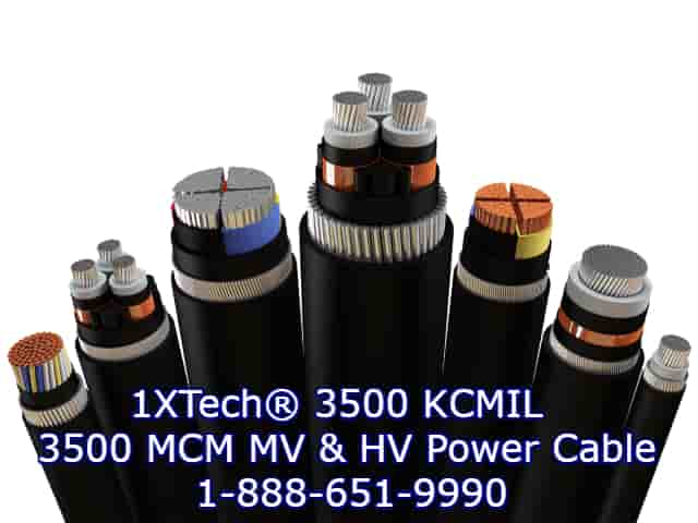 HV & MV Cable - 3500 MCM Cable Price, 3500 MCM Wire Price, 3500 KCMIL High Voltage Power Cable, kV Cable, kV Wire, KCMIL Medium Voltage Power Cable, Copper, Aluminum Amps, Specs, PDF Data Sheet, Manufacturers, Suppliers, 1X Technologies Cable Company