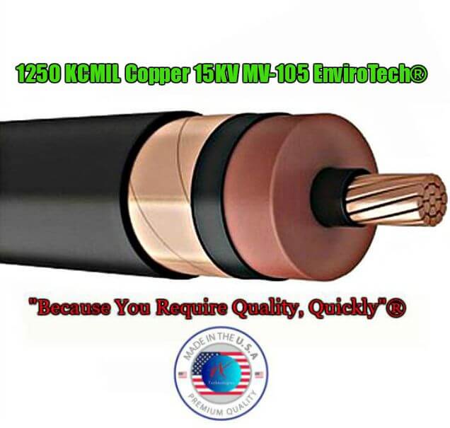 1250 KCMIL Copper 15KV MV105 Cable [EnviroTech®] Medium Voltage Power Cable - 15,000 Volts Manufacturer “EZ” Part Number Description: 1X1250MCM1C-ENV-15KV 1250 MCM/1250 KCMIL Copper 15KV 133% EnviroTech® Low Friction Toxic Free and Recyclable TPO Thermoplastic Olefin Proprietary Blend [EnviroTech® Outperforms XLP & EPR in performance, durability, and longevity and is Environmentally friendly], 5 mil Copper Tape Shield with Overall 1XTech® Low Smoke Zero Halogen XLPO Jacket, Shielded 15kV, UL 1072 Medium Voltage Power Cable, Type MV-105. Scientifically designed and proven for use in the most strenuous Medium Voltage Power Applications.